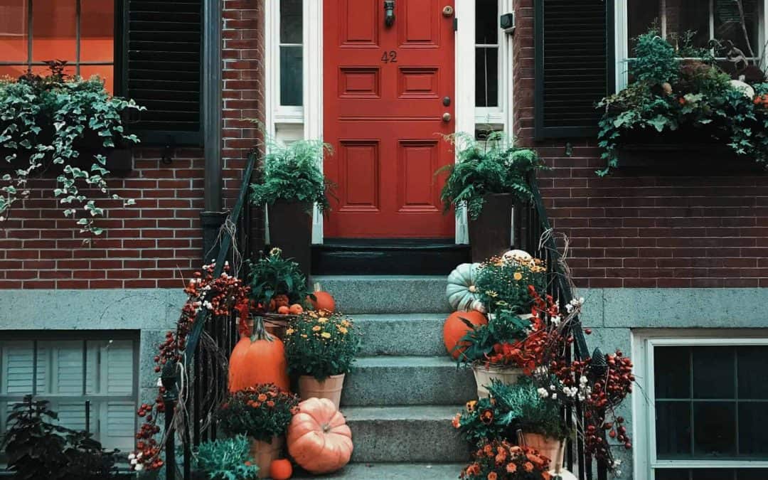 Image of pumpkins in front of stairs for Thanksgiving and Friendsgiving 2024 Blog post at Bloggey.com - Images free courtesy of Pexels.com at https://www.pexels.com/photo/pumpkins-on-stairs-in-front-of-a-door-3142467/